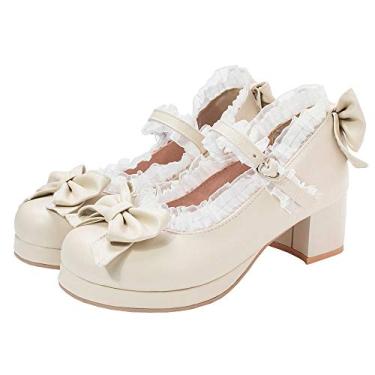 Imagem de LUXMAX Sapatos femininos Kawaii Lolita salto médio Mary Jane Rockabilly com laço, Bege, 10