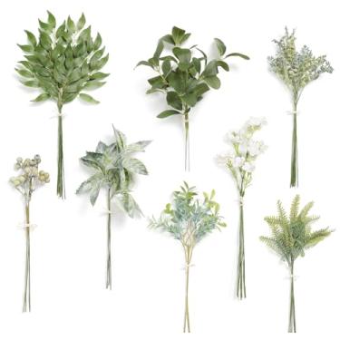 Imagem de Serra Flora Conjunto de caixa de hastes de vegetação artificial, (pacote com 42 peças) com 8 tipos de enchimento verde rosa falso para buquês de noiva e arranjos florais de mesa de mesa