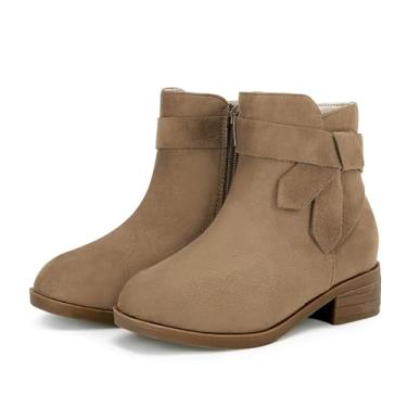 Imagem de Botas infantis para meninas com nó no tornozelo salto baixo grosso Chelsea, sapatos de inverno com zíper, Caqui, 4 Big Kid