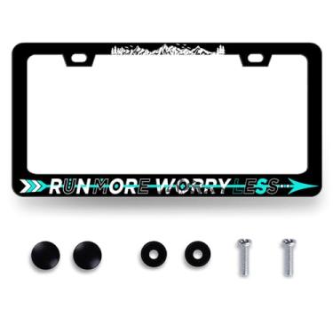 Imagem de Run More Worry Less Moldura de placa de licença Mountain Arrow Suporte de placa de carro de aço inoxidável etiquetas dianteiras e traseiras automotivas peças engraçadas decoração de placa de licença