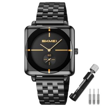 Imagem de SKMEI Relógios quadrados para homens, simples, negócios, aço inoxidável, moderno, analógico, quartzo, presente para pais, pai, dourado, preto, G2413black