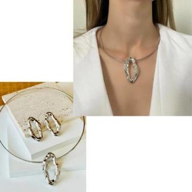 Imagem de Kit Conjunto Colar e Brincos Feminino Choker aro Liso Orgânco Oval tre