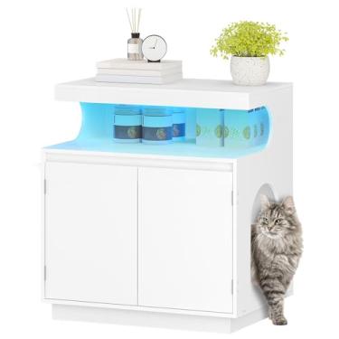 Imagem de Hzuaneri Caixa de areia moderna para gatos, móveis de armário de caixa de areia oculta com armazenamento, casa de gato interna de madeira com luz LED, armário lateral largo de 26,8, mesa de cabeceira