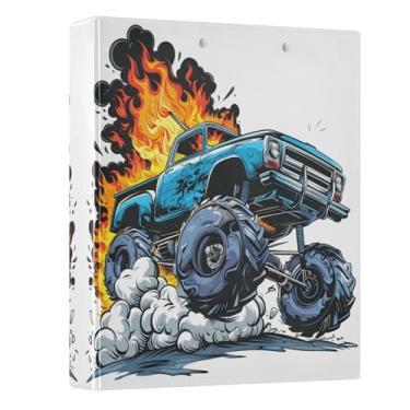 Imagem de Fichário com 3 argolas Monster Truck Fire de 3,8 cm, fichário redondo com 200 folhas para crianças, material escolar, mulheres e homens, escritório, 1 pacote