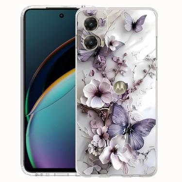 Imagem de FLYING FLIER Capa para celular Motorola Moto G Stylus 5G 2024, [proteção de corpo inteiro] [antiderrapante] [à prova de choque] linda flor borboleta fina capa de telefone TPU (roxo 4)