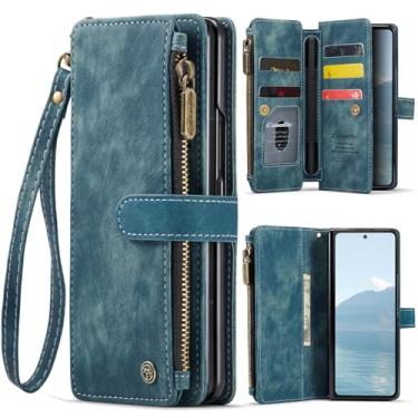 Imagem de Capa carteira para Samsung Galaxy Z Fold 6 com [suporte para caneta S], suporte para cartão magnético com zíper e alça de cordão, carteira de couro para Galaxy Z Fold 6 (azul)