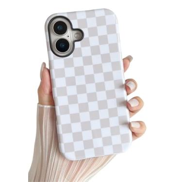 Imagem de Longlayss Capa de telefone compatível com iPhone 16 linda estética quadriculada para mulheres, meninas, à prova de choque, fina, TPU e capa protetora de policarbonato rígido (branco antigo)