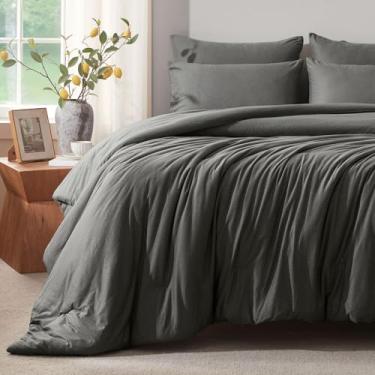 Imagem de Voguease Conjunto de edredom casal, edredom de malha de jérsei ultramacio de luxo, cinza escuro, leve, alternativo, para todas as estações, conjunto de cama de 3 peças