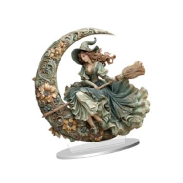 Imagem de oshhni Estatueta de bruxa 2D Fairyland, arte de fantasia segurando vassoura, decoração boêmia de fada para sala de aula, armário, sala de jantar, quarto,