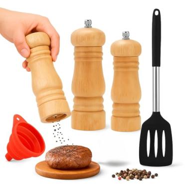 Imagem de Kit 2 Moedor de Pimenta e Sal Em Madeira - Moedor Manual com Refil de Cerâmica e Aço Inox Ajustável + Funil e Espátula em Inox, Conjunto Gourmet para Sal Grosso, Pimenta do Reino e Temperos - MVHOME