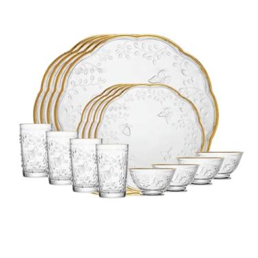 Imagem de LYOR - Jogo de Jantar 16 peças New Butterfly em Cristal Ecológico com Fio de Ouro - Serve 4 Pessoas - 4 Pratos Rasos, 4 Pratos para Sobremesa, 4 Copos e 4 Bowls.