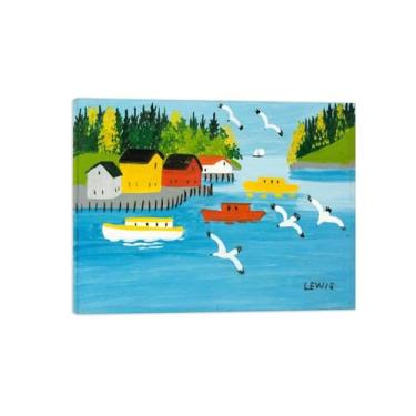Imagem de Maud Lewis Impressão de arte de parede em tela - Imagem de arte em tela com moldura de madeira - barcos na enseada - reprodução de pintura de paisagem pôster para casa 80 x 105 cm 31 x 41 polegadas