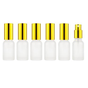 Imagem de 6 frascos de spray de vidro de 28,3 g, recarregáveis, atomizador de perfume de névoa fina com tampa de bomba dourada, recipientes vazios decorativos foscos para viagens de rosto e corpo