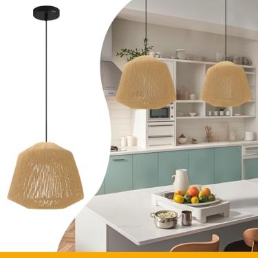 Imagem de Eslanyatte Luminária pendente tecida, lâmpada suspensa boho moderna com cortina de vime tecida à mão, luminária de tecelagem de algas marinhas naturais para pendurar no teto para cozinha, quarto, sala