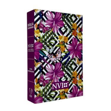 Imagem de Bíblia  feminina Nvi assembléia de Deus batista pentecostal Capa Dura Evangélica Índice lateral Letra Hipergigante - Flores Hibisco