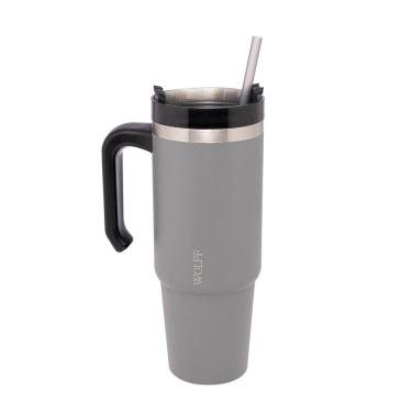 Imagem de Caneca Térmica Wolff SlimTerm 890ml com Canudo, Parede Dupla e Base Ergonômica Cinza