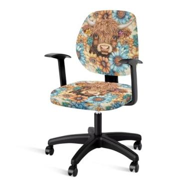 Imagem de Talayituse Boho Mandala Highland Capa de cadeira de escritório com estampa de gado, capa de assento extensível, removível e lavável, capa protetora para cadeira rotativa