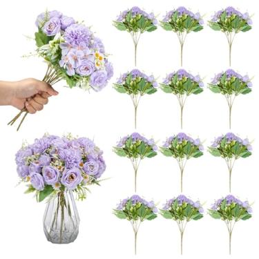 Imagem de KRFOONN 12 pacotes de flores artificiais, rosas roxas, mistas, plantas falsas, hortênsias, girassóis, flores de seda, buquês de rosas falsas para festa de casamento, decoração de casa