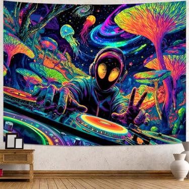Imagem de Spenlife Tapeçaria Blacklight Fantastic Space DJ, tapeçarias de parede de música alienígena reativa UV para decoração de quarto, tapeçaria vibrante para decoração de casa 152 cm C x 111 cm L