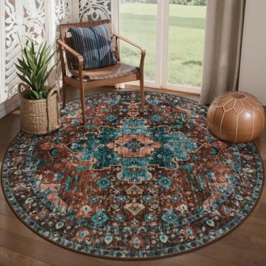 Imagem de Ciicool Boho Tapete redondo de 1,5 x 1,5 m lavável para quarto tapete de entrada oriental antiderrapante para sala de jantar (vermelho tijolo/azul-petróleo)
