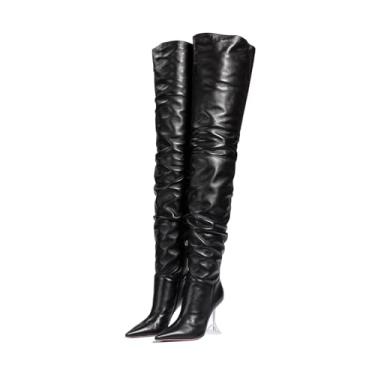 Imagem de anteikira Botas femininas modernas, bico fino, salto transparente, acima do joelho, salto alto, zíper lateral, botas altas para mulheres, tamanho 34-44, Preto, 37