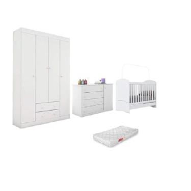 Imagem de Jogo de Quarto MDF Branco Old Clean Roupeiro + Cômoda + Berço Mini Cam