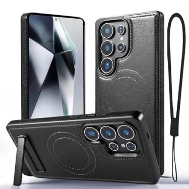 Imagem de Moment Dextrad Capa preta de couro magnético para Samsung Galaxy S24 Ultra, suporte embutido, compatível com MagSafe, alça de silicone, proteção interna de TPU, capa fina à prova de choque