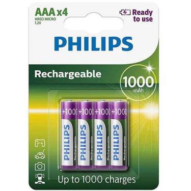 Imagem de Pilha Recarregável Aaa Pequena Com 4 Unid. 1000mah Philips