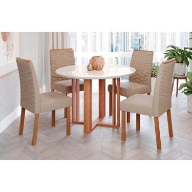 Imagem de Conjunto: Mesa Sala Jantar Flora c/ Tampo Madeirado c/ Vidro 109cm e 4 Cadeiras Clarice Cinamomo/Off White - Nature-Madeirado/Linho Be - Cimol