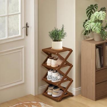 Imagem de YYW Sapateira, prateleira dobrável de bambu, organizador independente de armazenamento de sapatos para entrada, quarto, armário, corredor, (marrom, 4 camadas, 25)