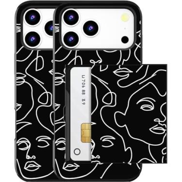 Imagem de MUQR Capa compatível com Phone 17 Pro com porta-cartão fofo - Design Kawaii proteção contra quedas de grau militar capa carteira robusta para mulheres (arte de linha abstrata preta)