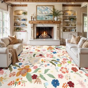 Imagem de Tapete de sala de estar 22 x 30 cm Lavável: Tapetes de quarto florais grandes vintage recortados antiderrapantes para cozinha, sala de jantar, tapete de decoração de piso fino macio para sala de jogos