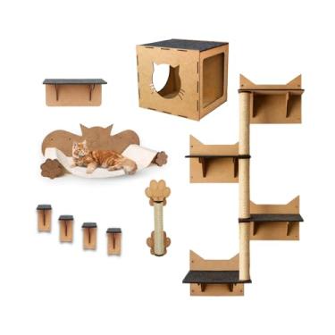 Imagem de Mondo Box Melhor Playground para Gatos com 9 Peças Escalada Prateleiras Nicho Rede Suspensa Escadinha Circuito Suspenso em Mdf e Carpete para Enriquecimento e Diversão Felina