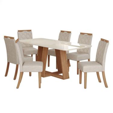 Imagem de Mesa de Jantar Lins 160cm Canto Arredondado com Vidro Nature Off White com 6 Cadeiras Bella Linho - Henn