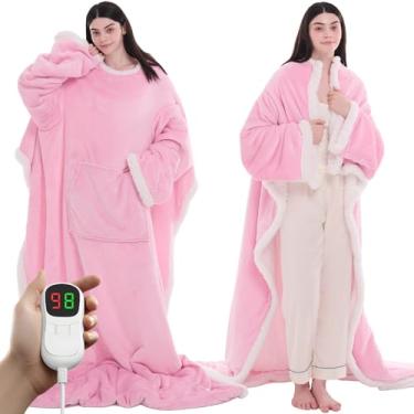 Imagem de PLOATH Cobertor aquecido vestível com bolso para os pés, cobertor de aquecimento com mangas, xale aquecido de lã de ovelha e flanela, 10 níveis de calor e configurações multitemporizador, 127 x 189 cm