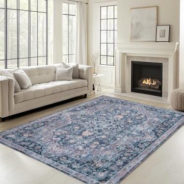 Imagem de Petmolico Tapetes de área para sala de estar, tapetes laváveis de 1,8 x 2,7 m Faux-Cashmere para quartos, tapete vintage dobrável de cozinha com detalhes finos (azul escuro)