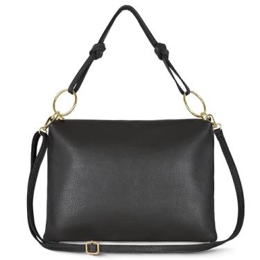 Imagem de Bolsa feminina de couro de bezerro italiano | Bolsa retangular com zíper, alça superior e alça transversal, Preto, Medium, Bolsa de ombro retangular com 2 alças