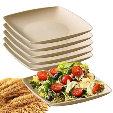 Imagem de Conjunto de 6 pratos quadrados de palha de trigo inquebrável para salada leve e reutilizável (23 cm, bege)