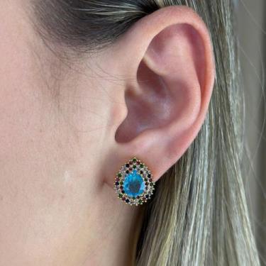 Imagem de Brinco Gota Zircônias Color Azul Turquesa Banhado em Ouro 18k - Anastá