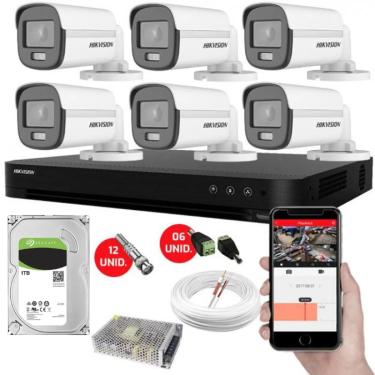 Imagem de Kit CFTV 6 Câmeras de Segurança Hikvision Colorvu Imagens Noturnas Coloridas Full HD 1080p c/hd 1TB