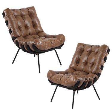 Imagem de Kit 2 Poltrona Decorativa Sala de Estar Costela Base Preta Couro Mel - Gran Belo