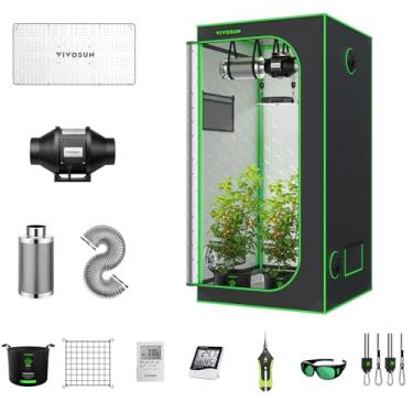 Imagem de VIVOSUN Kit completo de barraca de cultivo hidropônico Mylar de 91,44 cm x 91,44 cm x 182,88 cm com pacote de ventilador em linha de 10 cm, luz de crescimento de LED VS2000, monitor de umidade de temperatura, rede, sacos de cultivo, tesoura de poda e temporizador