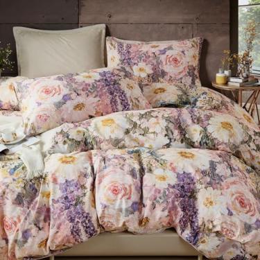 Imagem de Cozaline Capa de edredom 100% algodão King Size – Conjunto de capa de edredom floral impressionista de jardim romântico com fecho de zíper, jogo de cama luxuoso e macio de 3 peças para todas as