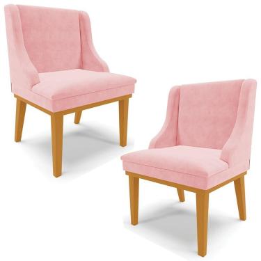 Imagem de Kit 2 Poltronas Decorativas Base Fixa De Madeira Firenze Suede Rosa Bebê/Castanho G19 - Gran Belo