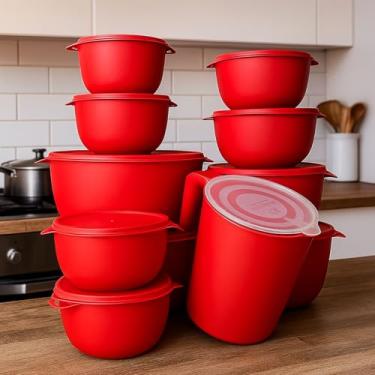 Imagem de Kit Potes 10 Bowl + Jarra Cozinha Saladeira Pote Marmitas Plástico (Vermelho)