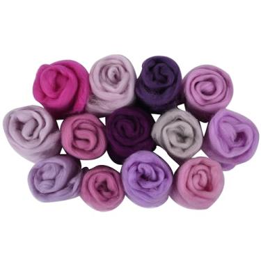 Imagem de 14 tipos de lã roxa 2,47oz (70 g), adequados para feltragem úmida e feltragem de agulha de tecidos fiados de lã. Um pacote de teste está disponível com 5 g por cor, e pesos maiores também são