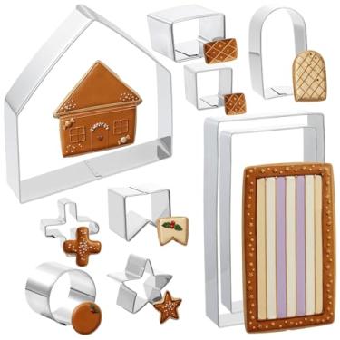 Imagem de Conjunto de cortadores de biscoito de gengibre em aço inoxidável 3D, inclui parede, porta, janela, telhado, chaminé, cortadores de decoração de estrelas, decorações de Natal DIY e diversão para a