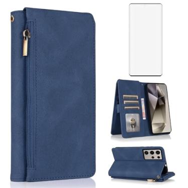 Imagem de Capa carteira compatível com Samsung Galaxy S24 Ultra 5G, protetor de tela de vidro temperado e zíper retrô de couro, suporte para cartão, acessórios para celular para S24Ultra 24S S 24 24Ultra azul
