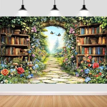 Imagem de Pano de fundo fotográfico com biblioteca encantada com flores borboletas natureza mágica paisagem fotografia decoração aniversário chá de bebê festa decoração