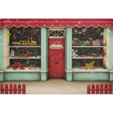 Imagem de Laeacco Pano de fundo de loja de Natal de 3 x 2 metros, lindo decorado, presente de Natal, pano de fundo para fotos de Natal, loja de compras, presente de brinquedo, fundo de festa de Natal, crianças,